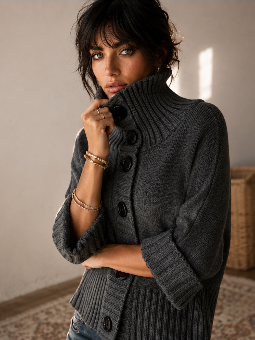 Express Charcoal Gray Wool Blend Shawl-Collar Button Cardigan - Picture 3 of 11